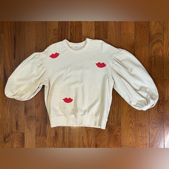 Clare V Lips Sweatshirt Cream Drop Shoulder Women’s M Anthropologie - Picture 2 of 8